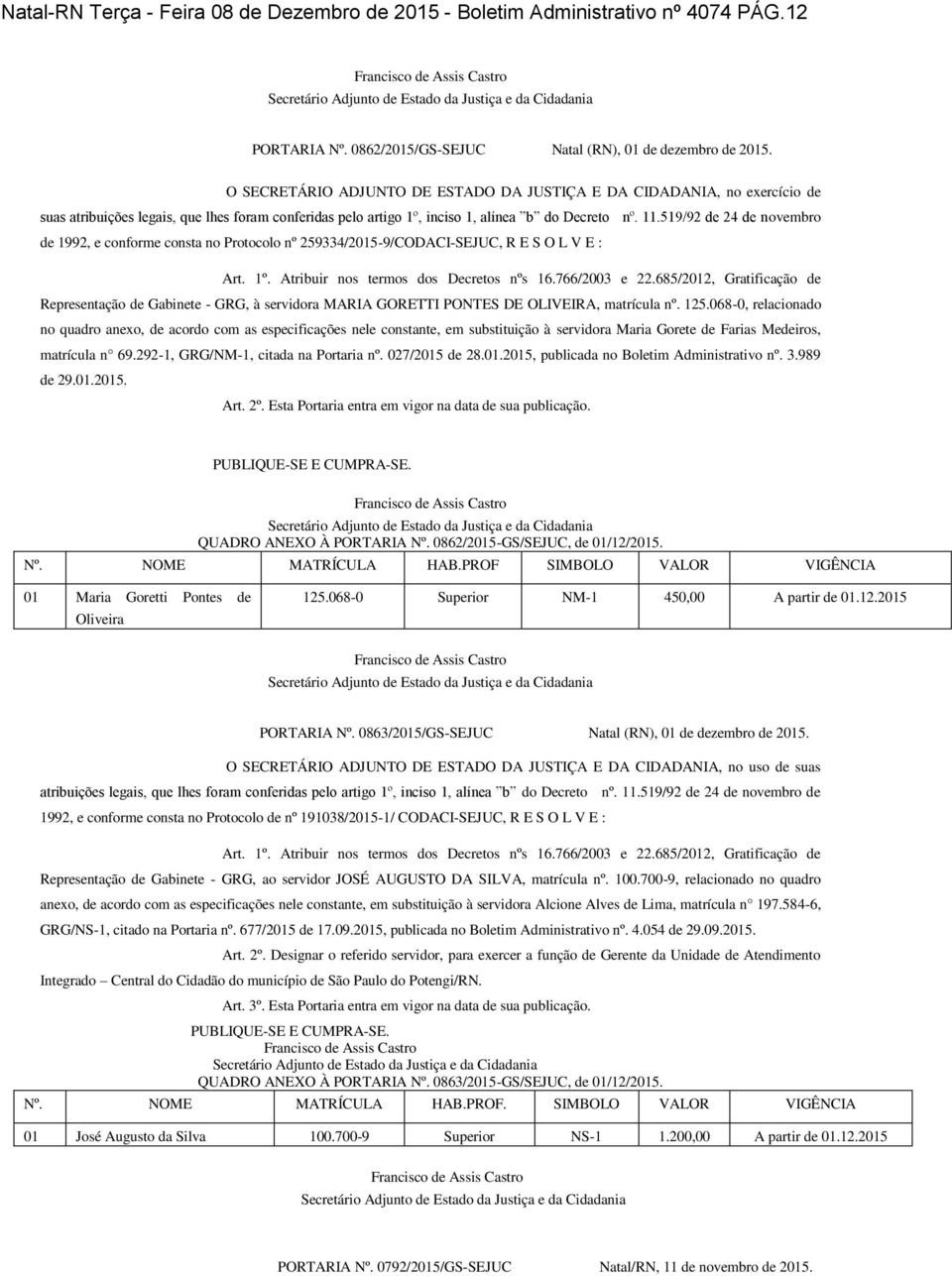 519/92 de 24 de novembro de 1992, e conforme consta no Protocolo nº 259334/2015-9/CODACI-, R E S O L V E : Art. 1º. Atribuir nos termos dos Decretos nºs 16.766/2003 e 22.