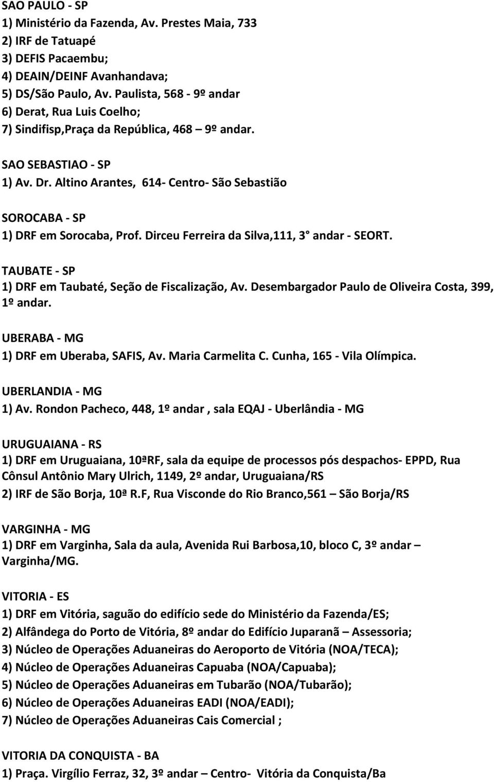 Altino Arantes, 614 Centro São Sebastião SOROCABA SP 1) DRF em Sorocaba, Prof. Dirceu Ferreira da Silva,111, 3 andar SEORT. TAUBATE SP 1) DRF em Taubaté, Seção de Fiscalização, Av.