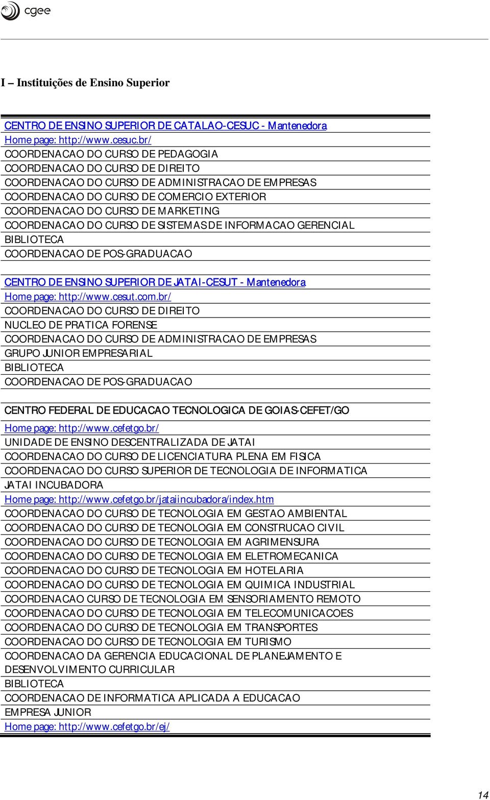 COORDENACAO DO CURSO DE SISTEMAS DE INFORMACAO GERENCIAL BIBLIOTECA COORDENACAO DE POS-GRADUACAO CENTRO DE ENSINO SUPERIOR DE JATAI-CESUT - Mantenedra Hme page: http://www.cesut.cm.