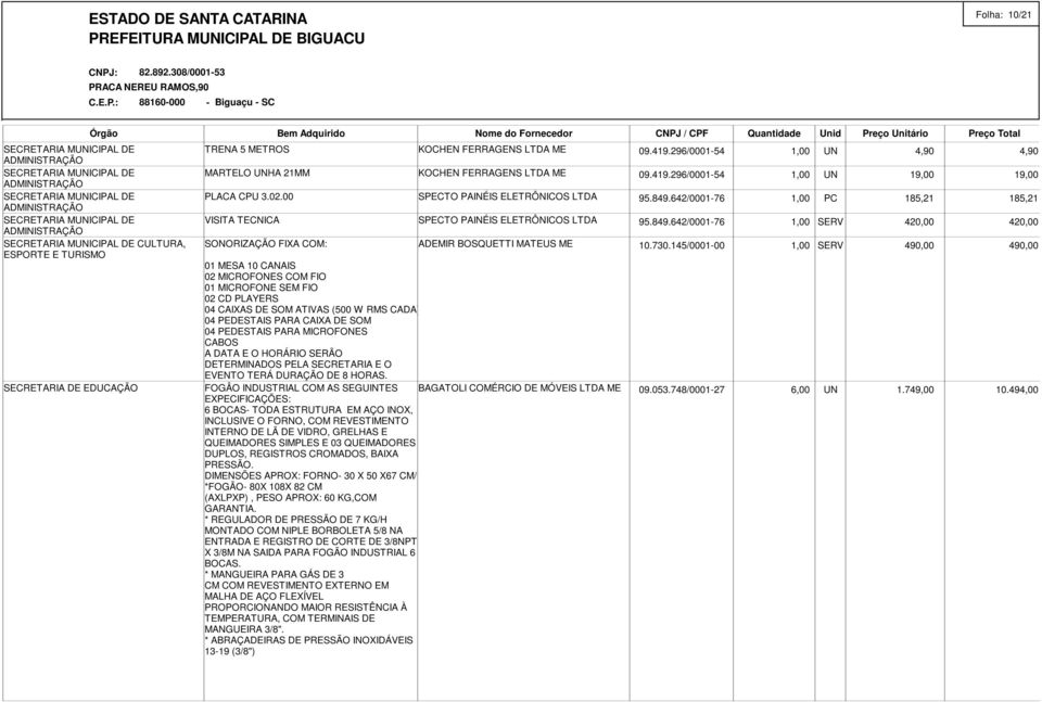 730.145/0001-00 1,00 SERV 490,00 490,00 01 SA 10 CANAIS 02 MICROFONES COM FIO 01 MICROFONE SEM FIO 02 CD PLAYERS 04 CAIXAS DE SOM ATIVAS (500 W RMS CADA) 04 PEDESTAIS PARA CAIXA DE SOM 04 PEDESTAIS