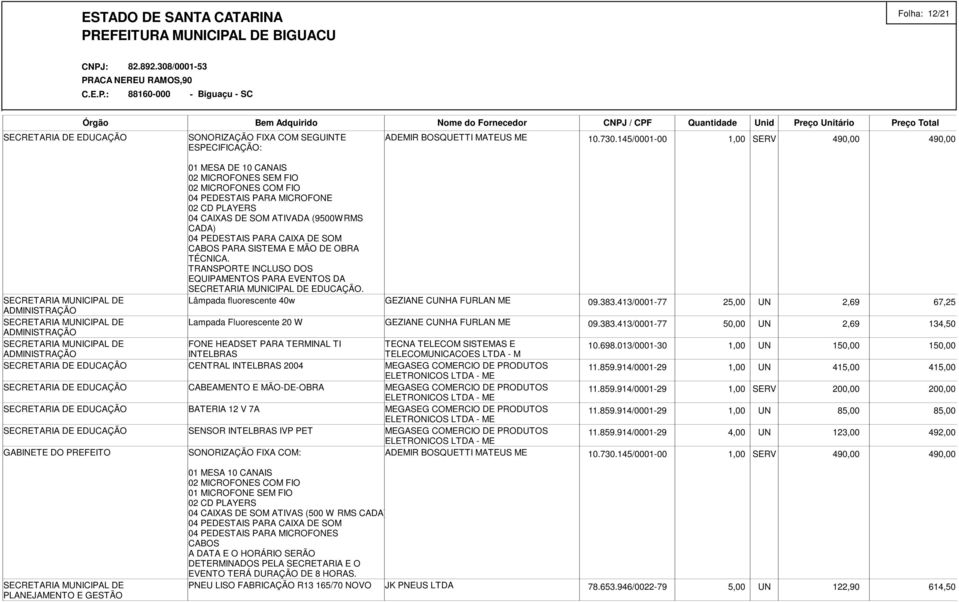 CAIXA DE SOM CABOS PARA SISTEMA E MÃO DE OBRA TÉCNICA. TRANSPORTE INCLUSO DOS EQUIPANTOS PARA EVENTOS DA EDUCAÇÃO. Lâmpada fluorescente 40w GEZIANE CUNHA FURLAN 09.383.