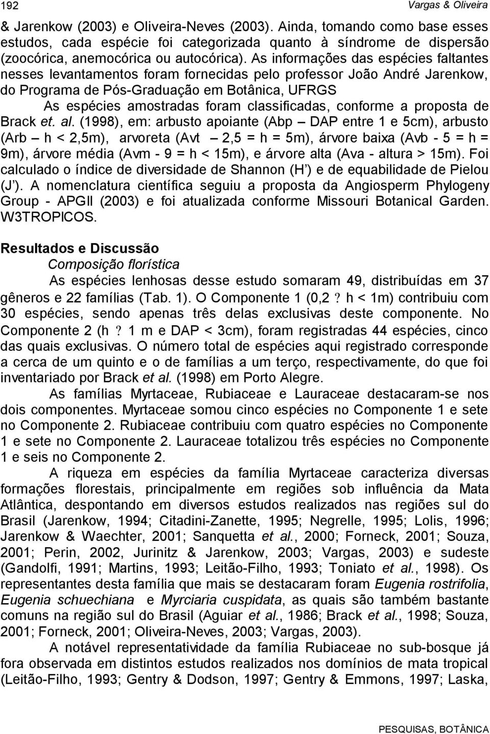 As informações das espécies faltantes nesses levantamentos foram fornecidas pelo professor João André Jarenkow, do Programa de Pós-Graduação em Botânica, UFRGS As espécies amostradas foram