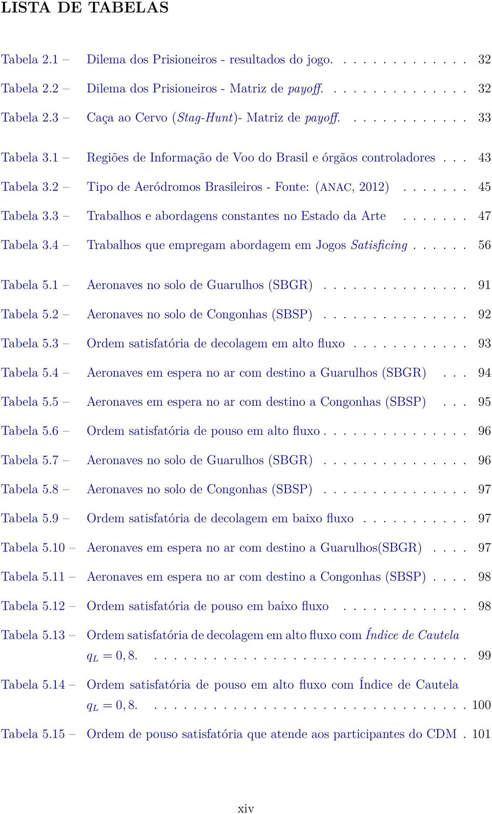 3 Trabalhos e abordagens constantes no Estado da Arte....... 47 Tabela 3.4 Trabalhos que empregam abordagem em Jogos Satisficing...... 56 Tabela 5.1 Aeronaves no solo de Guarulhos (SBGR)............... 91 Tabela 5.