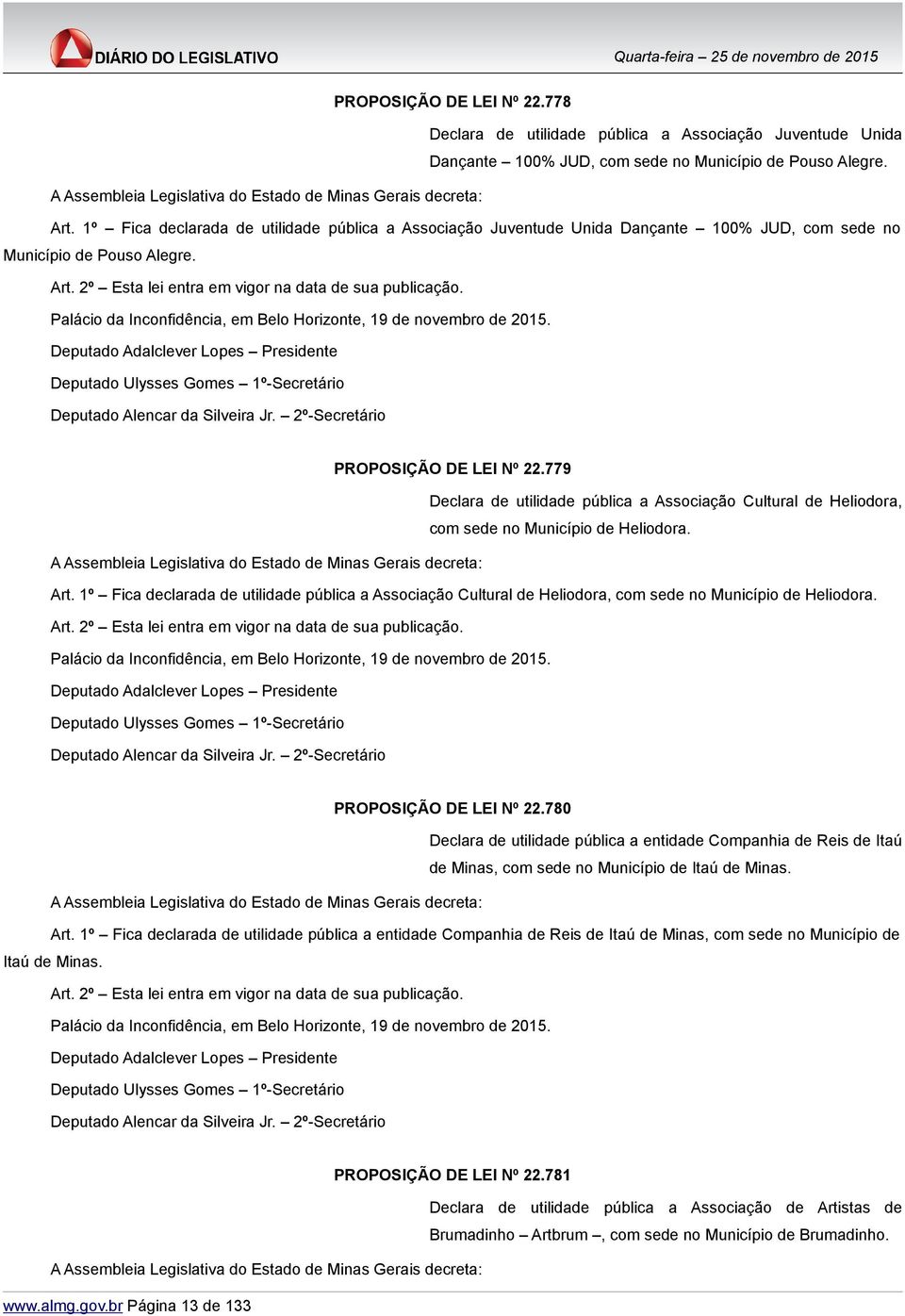 Palácio da Inconfidência, em Belo Horizonte, 19 de novembro de 2015. Deputado Adalclever Lopes Presidente Deputado Ulysses Gomes 1º-Secretário Deputado Alencar da Silveira Jr.