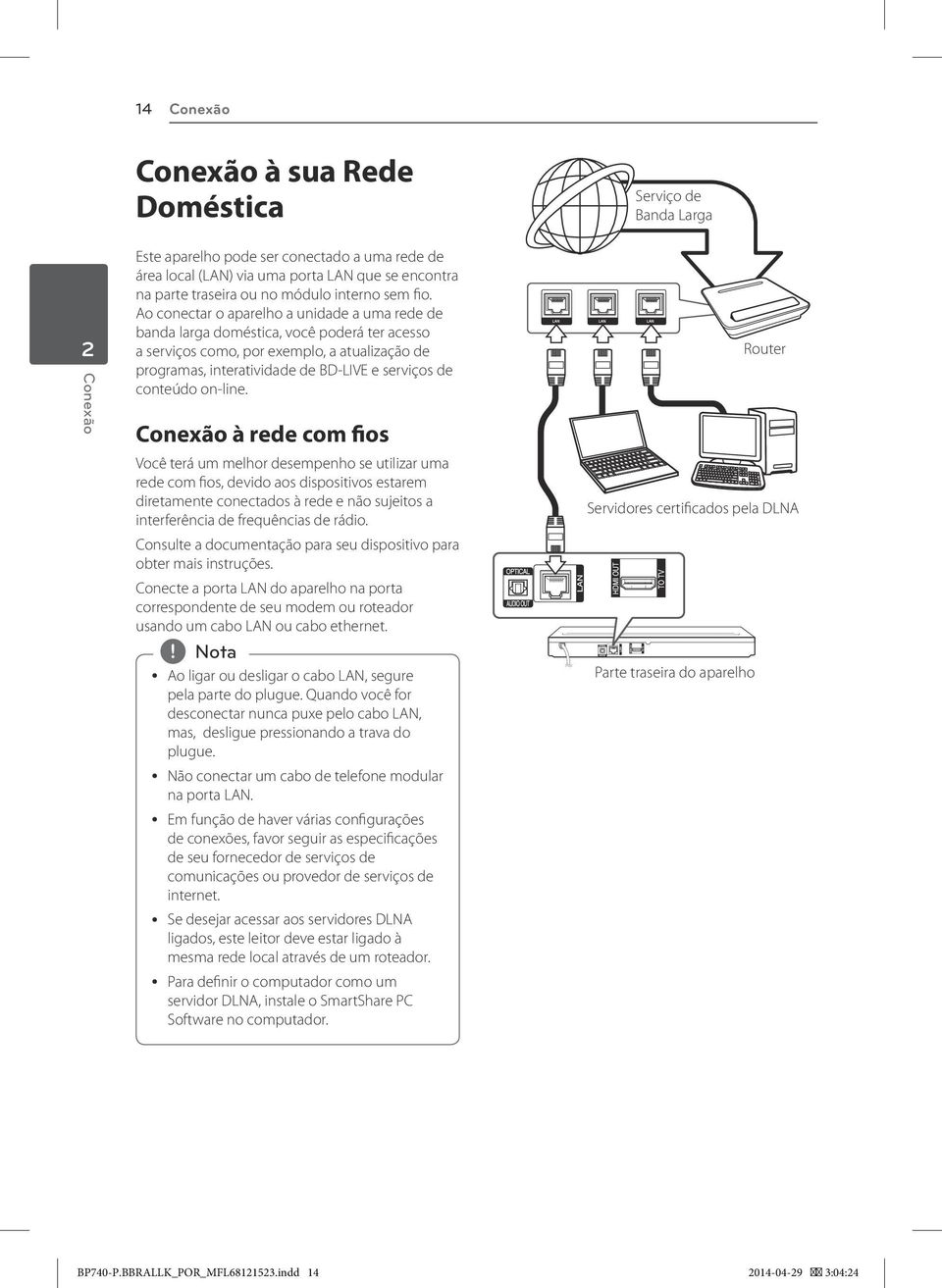 Ao conectar o aparelho a unidade a uma rede de banda larga doméstica, você poderá ter acesso a serviços como, por exemplo, a atualização de programas, interatividade de BD-LIVE e serviços de conteúdo