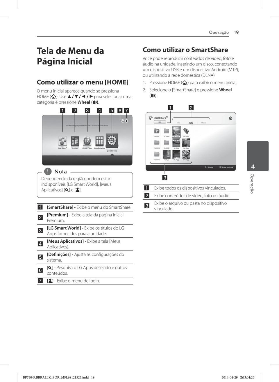 doméstica (DLNA). 1. Pressione HOME (b) para exibir o menu inicial. 2. Selecione o [SmartShare] e pressione Wheel (a).