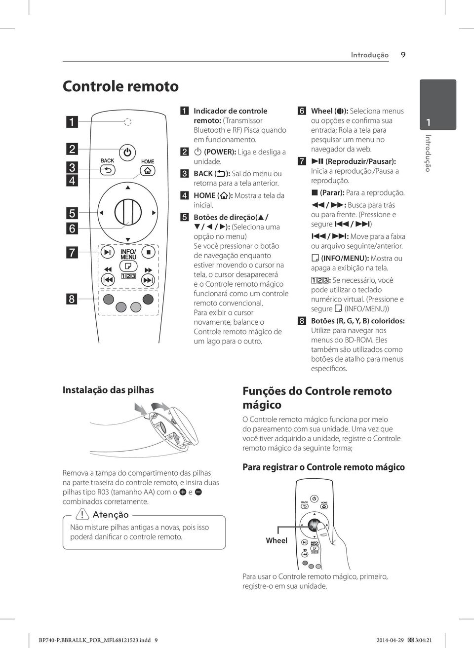 e Botões de direção(w/ s/a/d): (Seleciona uma opção no menu) Se você pressionar o botão de navegação enquanto estiver movendo o cursor na tela, o cursor desaparecerá e o Controle remoto mágico