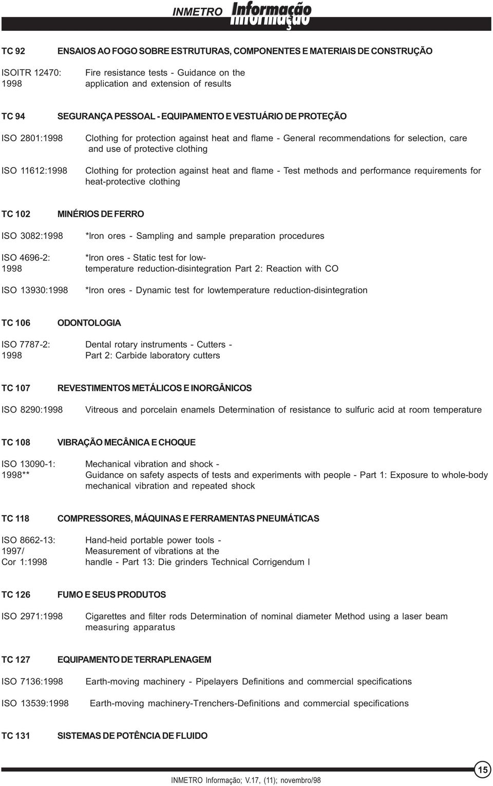 for protection against heat and flame - Test methods and performance requirements for heat-protective clothing TC 102 MINÉRIOS DE FERRO ISO 3082:1998 *lron ores - Sampling and sample preparation