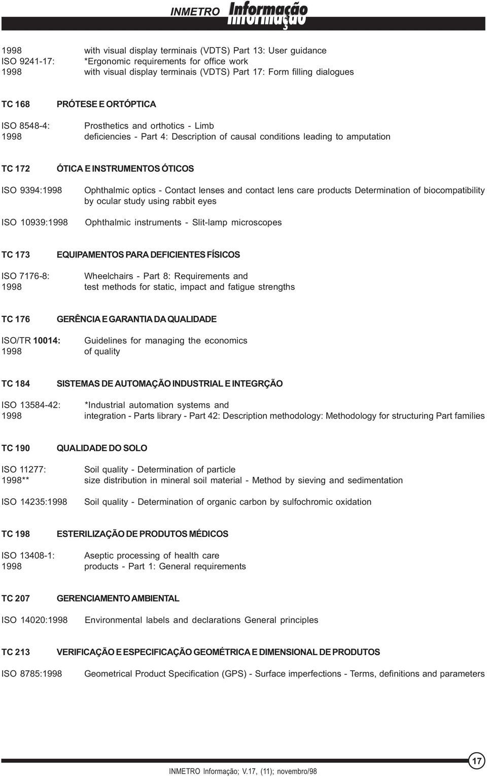 ISO 10939:1998 Ophthalmic optics - Contact lenses and contact lens care products Determination of biocompatibility by ocular study using rabbit eyes Ophthalmic instruments - Slit-lamp microscopes TC