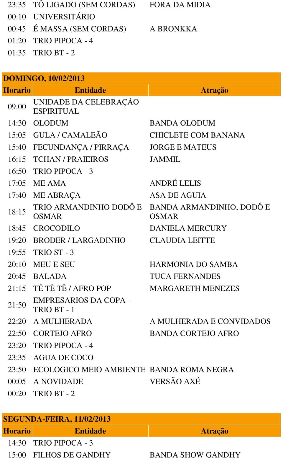 ABRAÇA ASA DE AGUIA 18:15 18:45 CROCODILO DANIELA MERCURY 19:20 BRODER / LARGADINHO CLAUDIA LEITTE 19:55 TRIO ST - 3 20:10 MEU E SEU HARMONIA DO SAMBA 20:45 BALADA TUCA FERNANDES 21:15 TÊ TÊ TÊ /