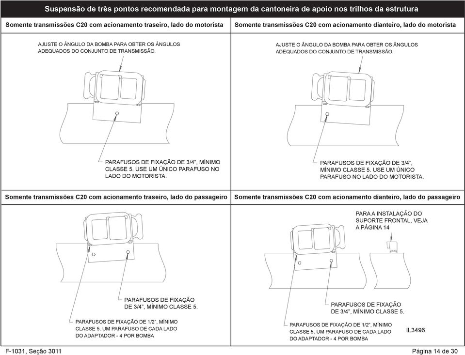 AJUSTE O ÂNGULO DA BOMBA PARA OBTER OS ÂNGULOS ADEQUADOS DO CONJUNTO DE TRANSMISSÃO. PARAFUSOS DE FIXAÇÃO DE 3/4, MÍNIMO CLASSE 5. USE UM ÚNICO PARAFUSO NO LADO DO MOTORISTA.