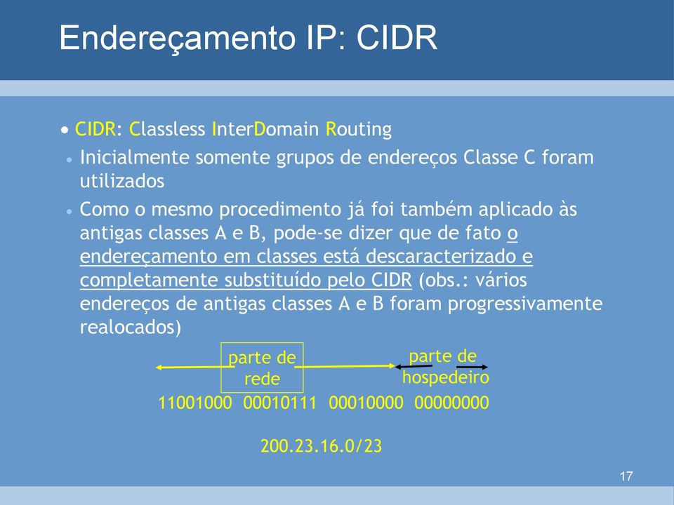 endereçamento em classes está descaracterizado e completamente substituído pelo CIDR (obs.