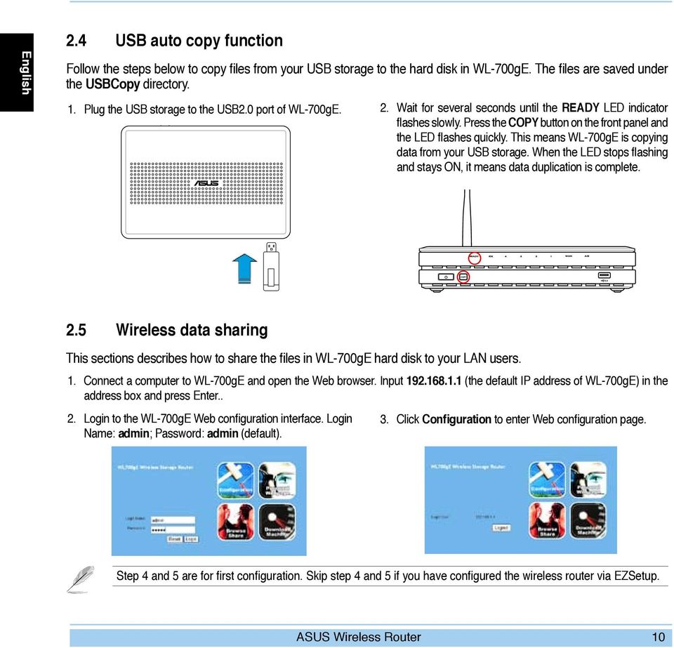 This means WL-700gE is copying data from your USB storage. When the LED stops flashing and stays ON, it means data duplication is complete. 2.