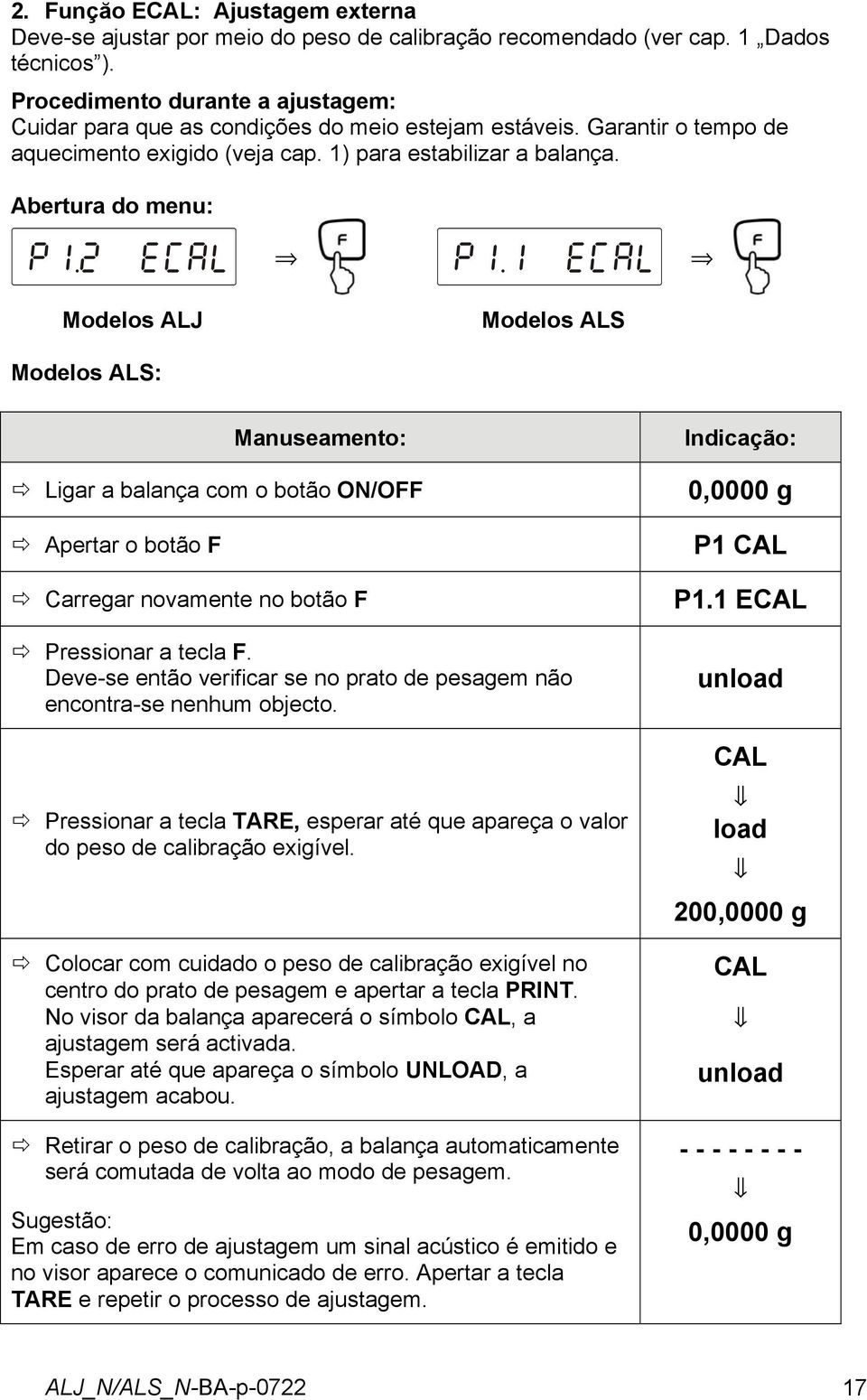 2 ECAL Modelos ALJ Modelos ALS: P1.1 ECAL Modelos ALS Manuseamento: Indicação: Ligar a balança com o botão ON/OFF Apertar o botão F Carregar novamente no botão F Pressionar a tecla F.