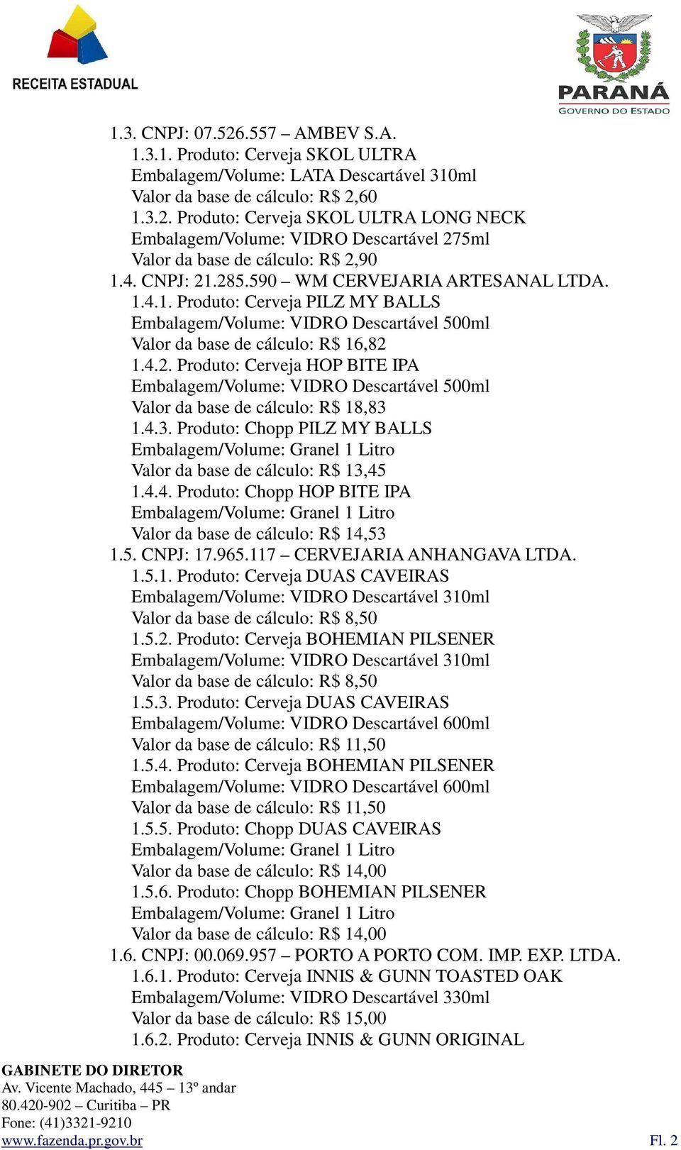 4.3. Produto: Chopp PILZ MY BALLS Valor da base de cálculo: R$ 13,45 1.4.4. Produto: Chopp HOP BITE IPA Valor da base de cálculo: R$ 14,53 1.5. CNPJ: 17.965.117 CERVEJARIA ANHANGAVA LTDA. 1.5.1. Produto: Cerveja DUAS CAVEIRAS Embalagem/Volume: VIDRO Descartável 310ml Valor da base de cálculo: R$ 8,50 1.