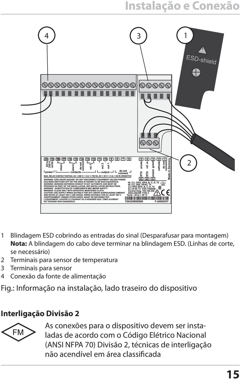 (Linhas de corte, se necessário) 2 Terminais para sensor de temperatura 3 Terminais para sensor 4 Conexão da fonte de alimentação Fig.