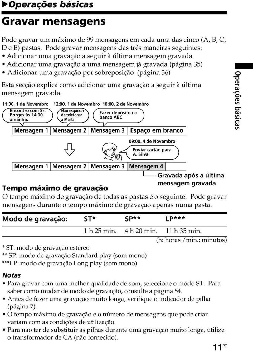 sobreposição (página 36) Esta secção explica como adicionar uma gravação a seguir à última mensagem gravada. 11:30, 1 de Novembro 12:00, 1 de Novembro 10:00, 2 de Novembro Encontro com Sr.