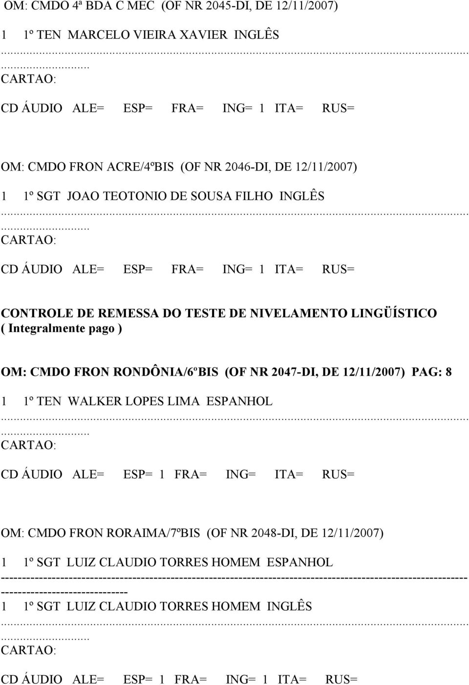 .. CONTROLE DE REMESSA DO TESTE DE NIVELAMENTO LINGÜÍSTICO OM: CMDO FRON RONDÔNIA/6ºBIS (OF NR 2047-DI, DE 12/11/2007) PAG: 8 1 1º TEN WALKER