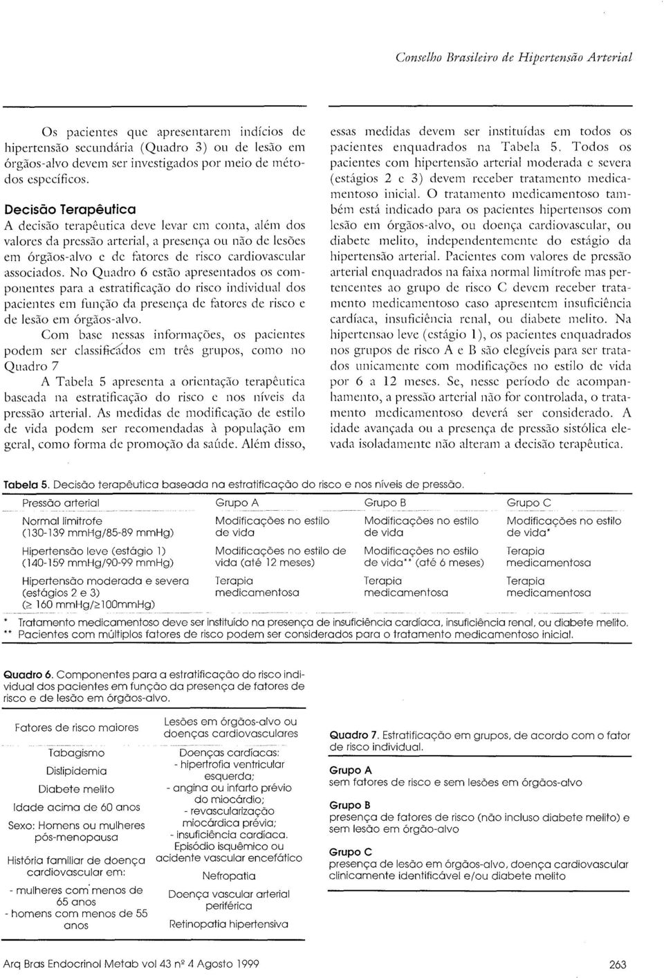 No Quadro 6 estão apresentados os componentes para a estratificação do risco individual dos pacientes em função da presença de fatores de risco e de lesão em órgãos-alvo.