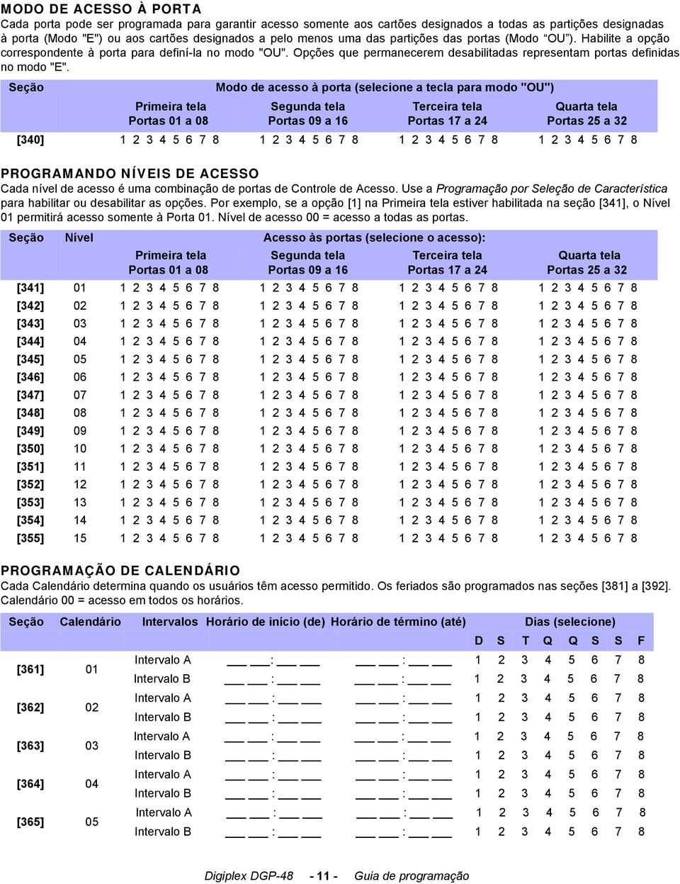 Seção Primeira tela Portas 01 a 08 Modo de acesso à porta (selecione a tecla para modo "OU") Segunda tela Portas 09 a 16 Terceira tela Portas 17 a 24 Quarta tela Portas 25 a 32 [340] 1 2 3 4 5 6 7 8