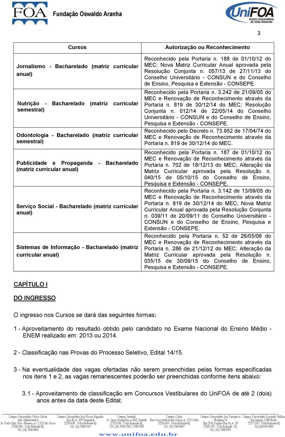 pela Portaria n. 188 de 01/10/12 do MEC; Nova Matriz Curricular Anual aprovada pela Resolução Conjunta n.