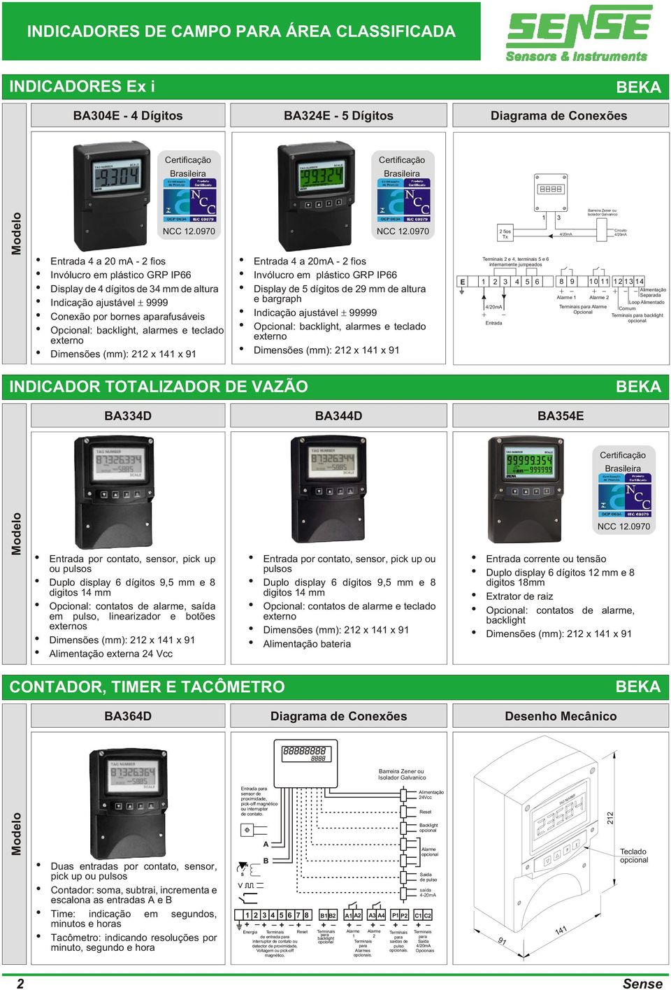 0970 Entrada 4 a 20mA - 2 fios Display de 5 dígitos de 29 mm de altura e bargraph Indicação ajustável 99999 :, alarmes e teclado externo 2 fios Tx 2 e 4, terminais 5 e 6 internamente jumpeados E 3 4