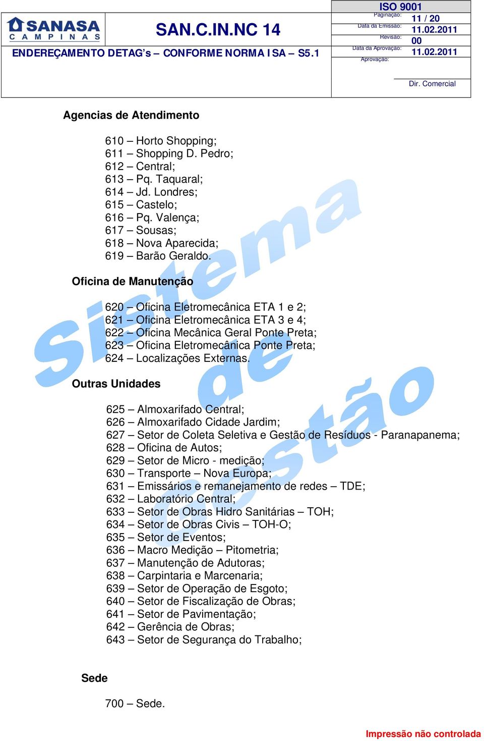 Oficina de Manutenção 620 Oficina Eletromecânica ETA 1 e 2; 621 Oficina Eletromecânica ETA 3 e 4; 622 Oficina Mecânica Geral Ponte Preta; 623 Oficina Eletromecânica Ponte Preta; 624 Localizações