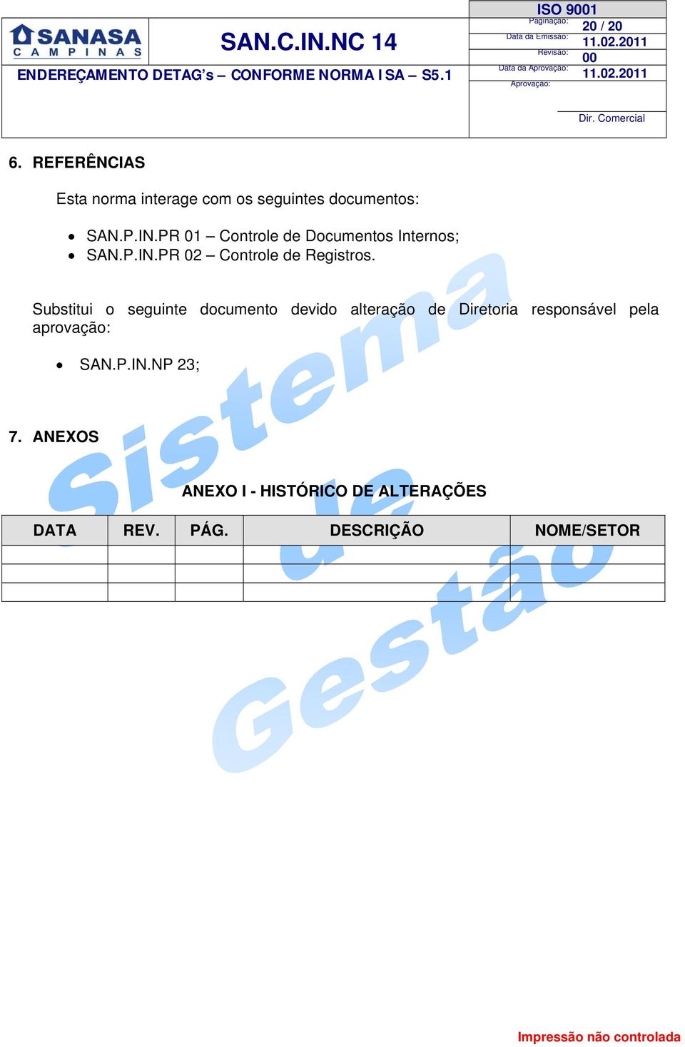 PR 01 Controle de Documentos Internos; SAN.P.IN.PR 02 Controle de Registros.