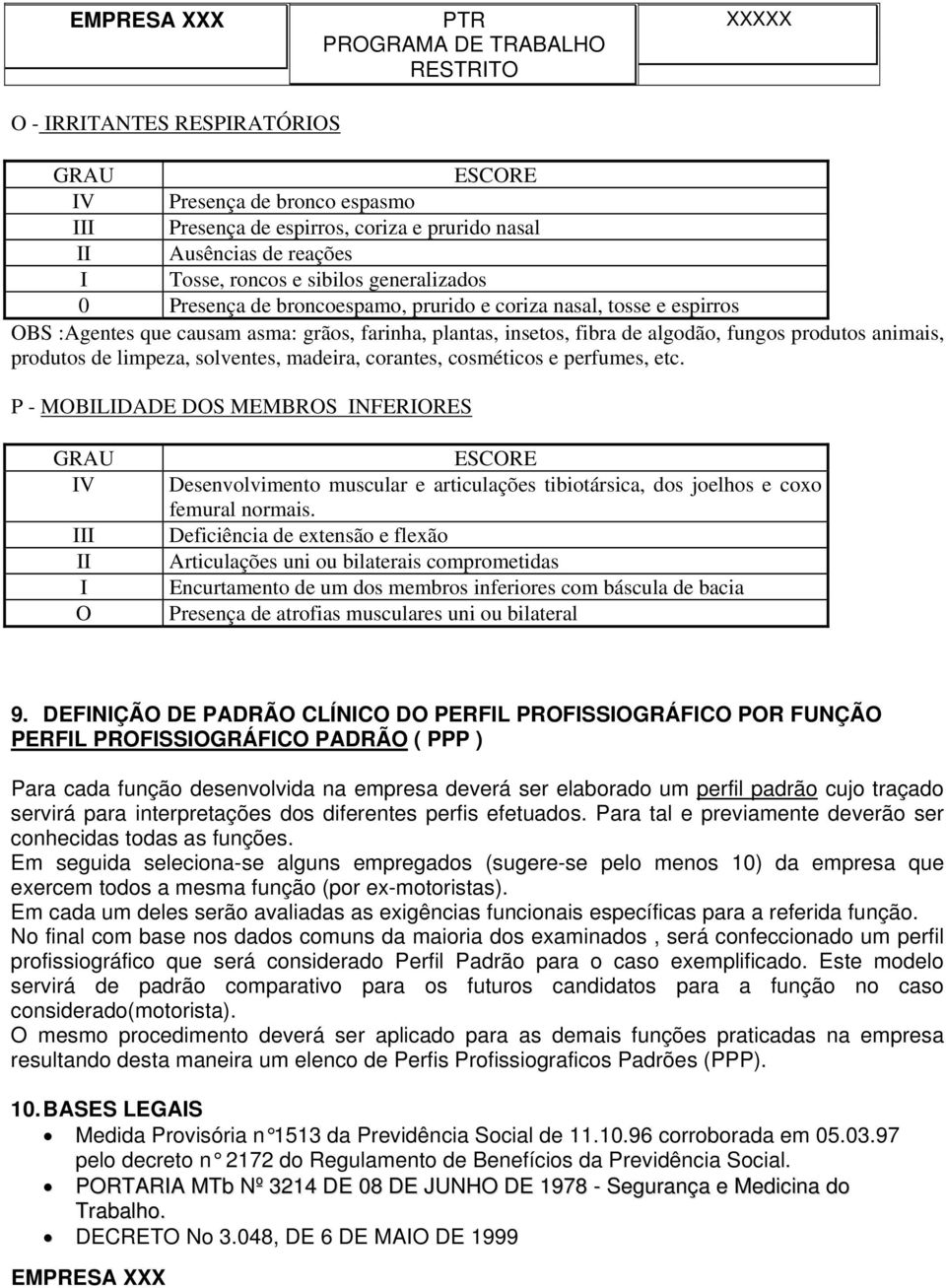 madeira, corantes, cosméticos e perfumes, etc. P - MOBILIDADE DOS MEMBROS INFERIORES GRAU IV III II I O ESCORE Desenvolvimento muscular e articulações tibiotársica, dos joelhos e coxo femural normais.