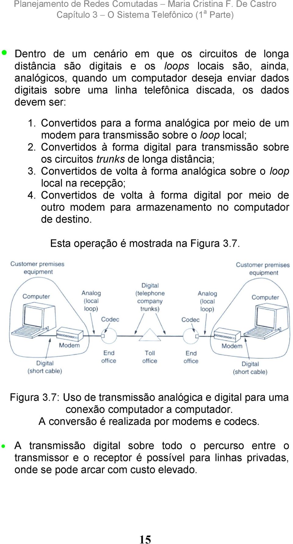 Convertidos à forma digital para transmissão sobre os circuitos trunks de longa distância; 3. Convertidos de volta à forma analógica sobre o loop local na recepção; 4.