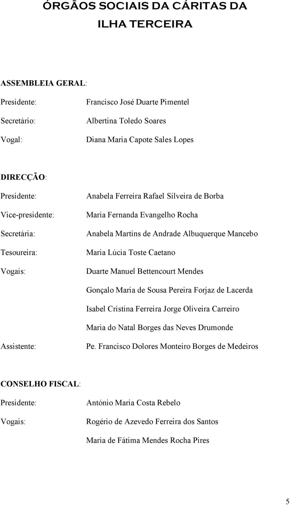 Lúcia Toste Caetano Duarte Manuel Bettencourt Mendes Gonçalo Maria de Sousa Pereira Forjaz de Lacerda Isabel Cristina Ferreira Jorge Oliveira Carreiro Maria do Natal Borges das Neves Drumonde