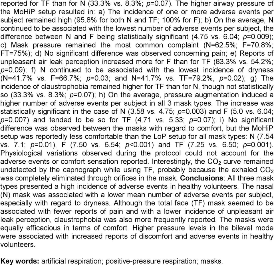 (4.75 vs. 6.04; p=0.009); c) Mask pressure remained the most common complaint (N=62.5%; F=70.