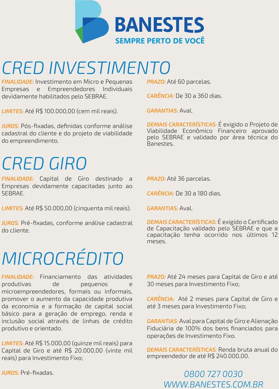 CRED GIRO FINALIDADE: Capital de Giro destinado a Empresas devidamente capacitadas junto ao SEBRAE. LIMITES: Até R$ 50.000,00 (cinquenta mil reais).