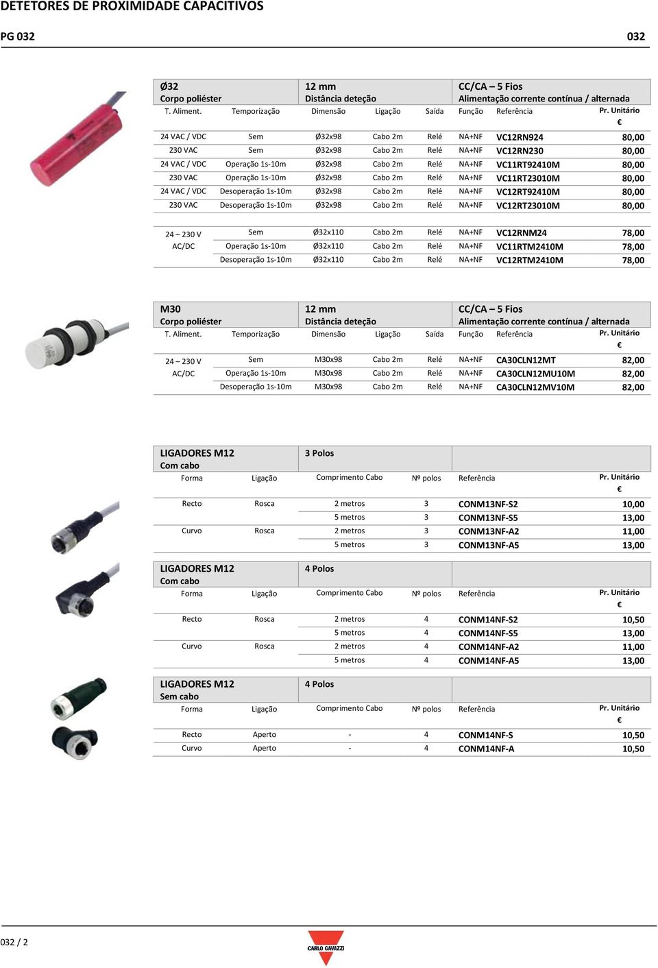 Temporização Dimensão Ligação Saída Função 24 VAC / VDC Sem Ø32x98 Cabo 2m Relé NA+NF VC12RN924 80,00 230 VAC Sem Ø32x98 Cabo 2m Relé NA+NF VC12RN230 80,00 24 VAC / VDC Operação 1s-10m Ø32x98 Cabo 2m