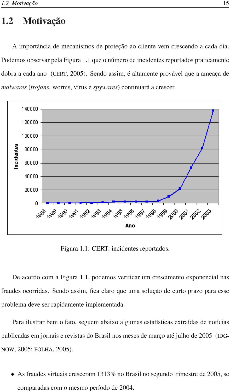 Figura 1.1: CERT: incidentes reportados. De acordo com a Figura 1.1, podemos verificar um crescimento exponencial nas fraudes ocorridas.