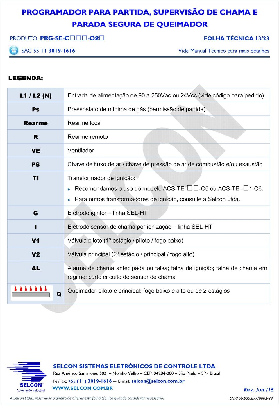 -C5 ou ACS-TE - 1-C6. Para outros transformadoros do ignição, consulto a SOlcon Ltda.