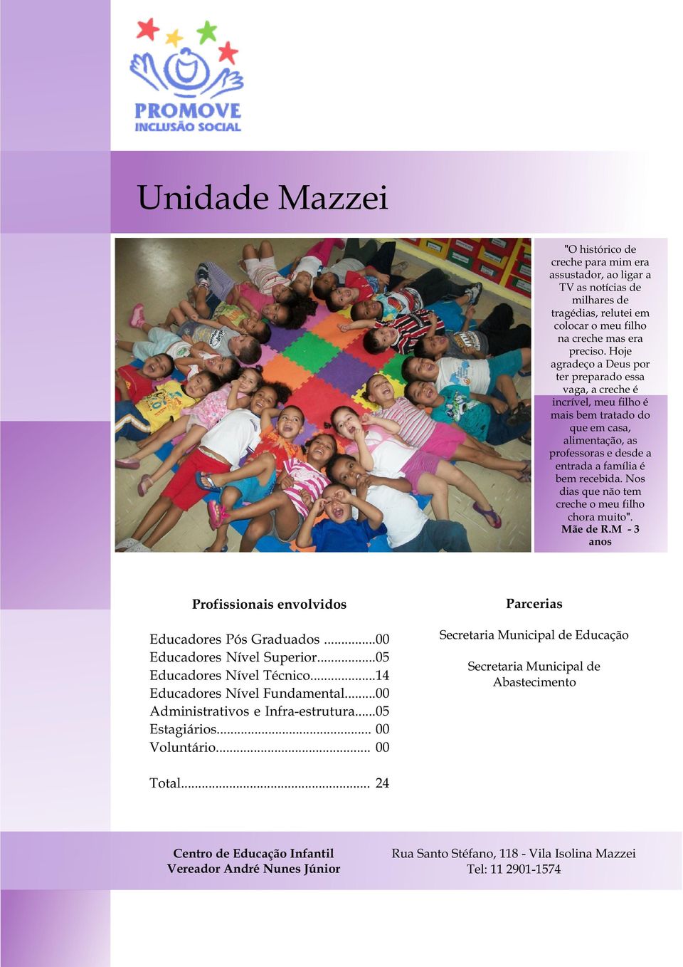 Nos dias que não tem creche o meu filho chora muito". Mãe de R.M - 3 anos Profissionais envolvidos Educadores Pós Graduados...00 Educadores Nível Superior...05 Educadores Nível Técnico.