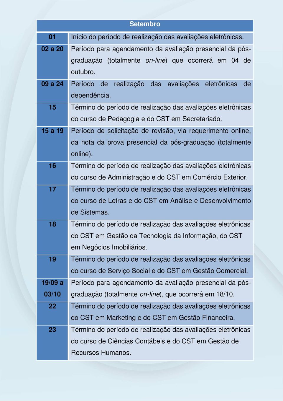 15 a 19 Período de solicitação de revisão, via requerimento online, da nota da prova presencial da pós-graduação (totalmente online).