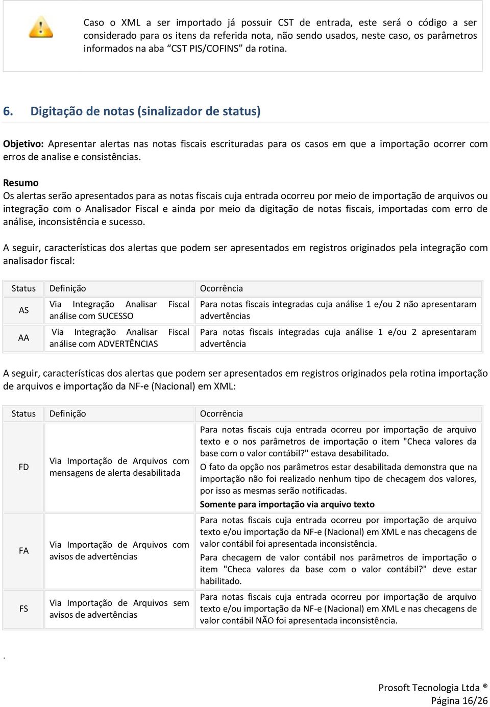 Resumo Os alertas serão apresentados para as notas fiscais cuja entrada ocorreu por meio de importação de arquivos ou integração com o Analisador Fiscal e ainda por meio da digitação de notas