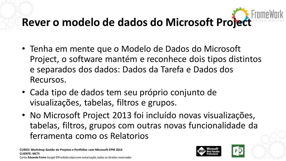 Cada tipo de dados tem seu próprio conjunto de visualizações, tabelas, filtros e grupos.