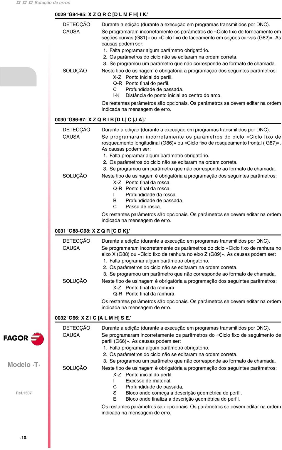 Falta programar algum parâmetro obrigatório. 2. Os parâmetros do ciclo não se editaram na ordem correta. 3. Se programou um parâmetro que não corresponde ao formato de chamada.