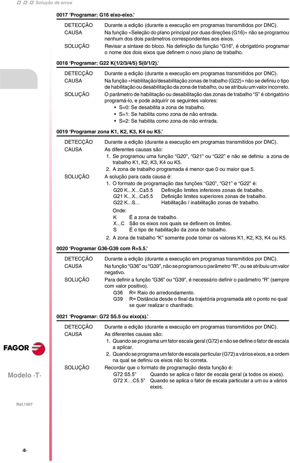 Na função «Habilitação/desabilitação zonas de trabalho (G22)» não se definiu o tipo de habilitação ou desabilitação da zona de trabalho, ou se atribuiu um valor incorreto.