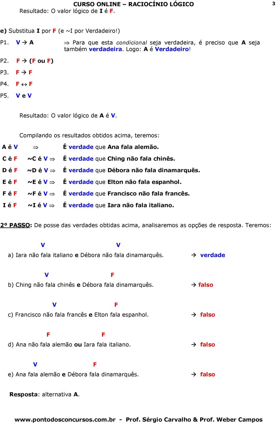 D é ~D é É verdade que Débora não fala dinamarquês. E é ~E é É verdade que Elton não fala espanhol. é ~ é É verdade que rancisco não fala francês. I é ~I é É verdade que Iara não fala italiano.