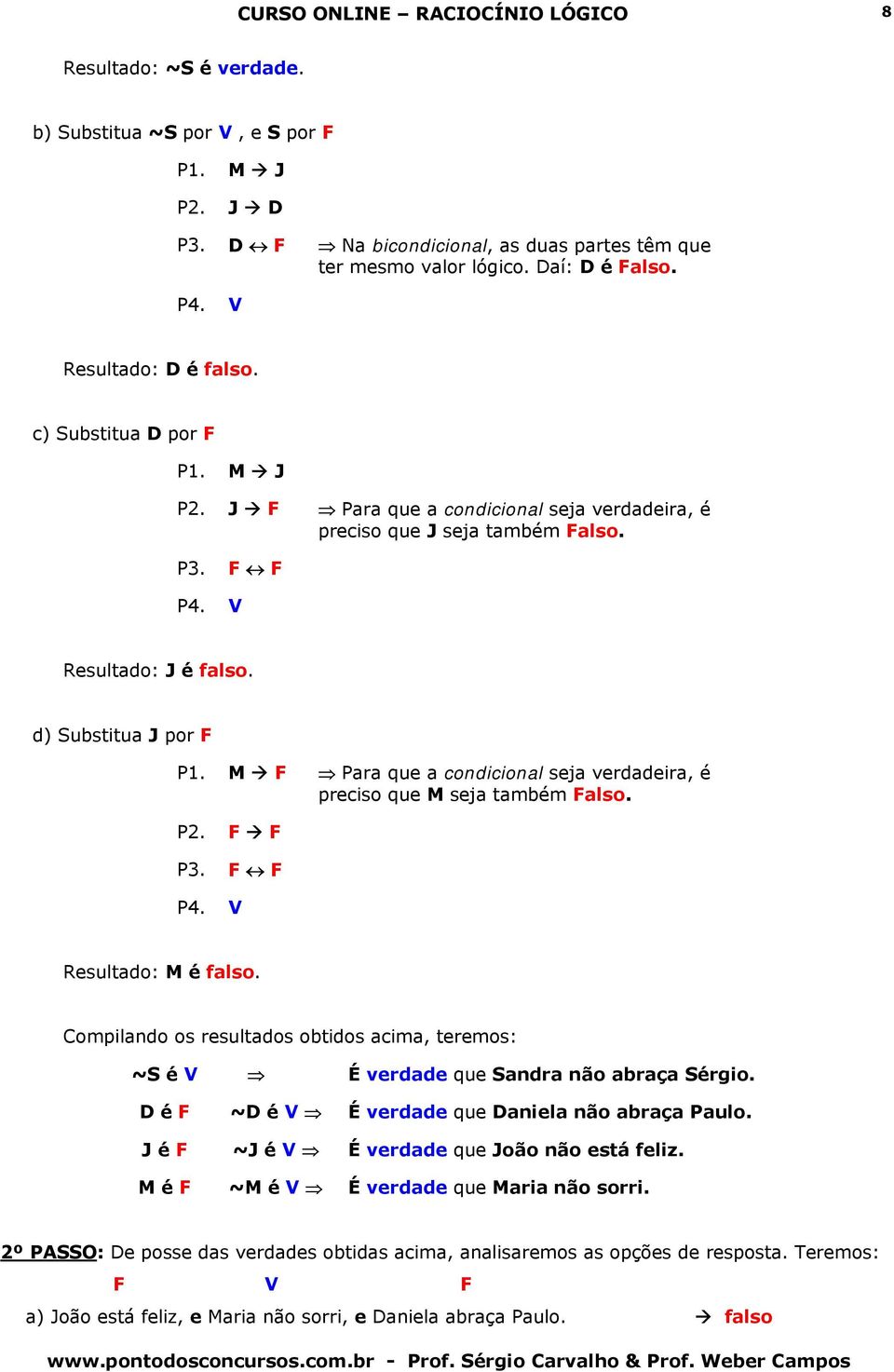 M Para que a condicional seja verdadeira, é preciso que M seja também also. P2. P3. P4. Resultado: M é falso.