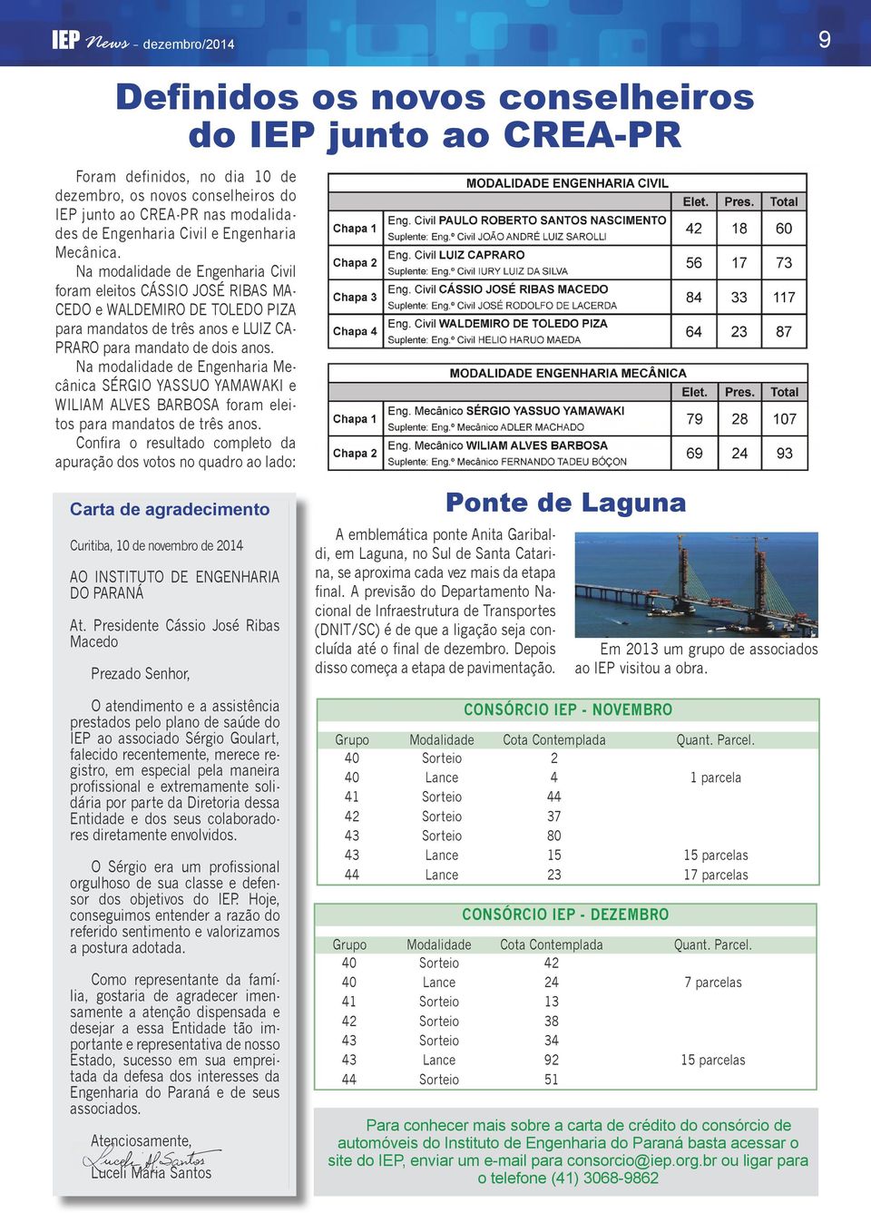 Na modalidade de Engenharia Mecânica SÉRGIO YASSUO YAMAWAKI e WILIAM ALVES BARBOSA foram eleitos para mandatos de três anos.