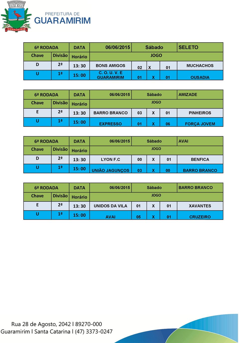 06/06/2015 Sábado AVAI Chave Divisão Horário JOGO D 2ª 13: 30 LYON F.