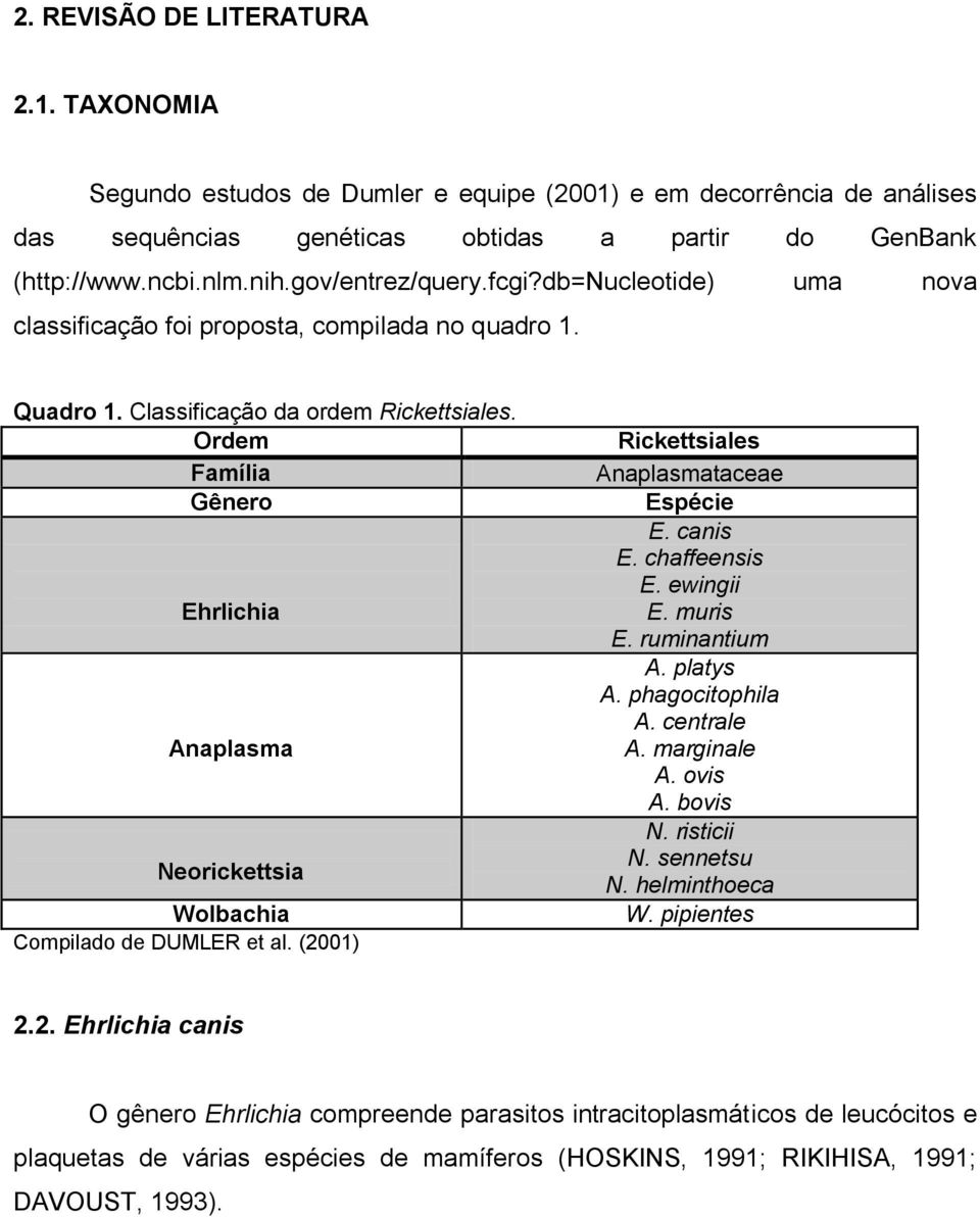 Ordem Família Gênero Ehrlichia Anaplasma Neorickettsia Wolbachia Compilado de DUMLER et al. (2001) Rickettsiales Anaplasmataceae Espécie E. canis E. chaffeensis E. ewingii E. muris E. ruminantium A.