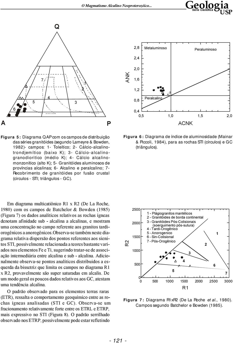 (segundo Lameyre & Bowden, 1982)- campos: 1- Toleítico; 2- Cálcio-alcalinotrondjemítico (baixo K); 3- Cálcio-alcalinogranodioritico (médio K); 4- Cálcio alcalinomonzonítico (alto K); 5- Granitóides