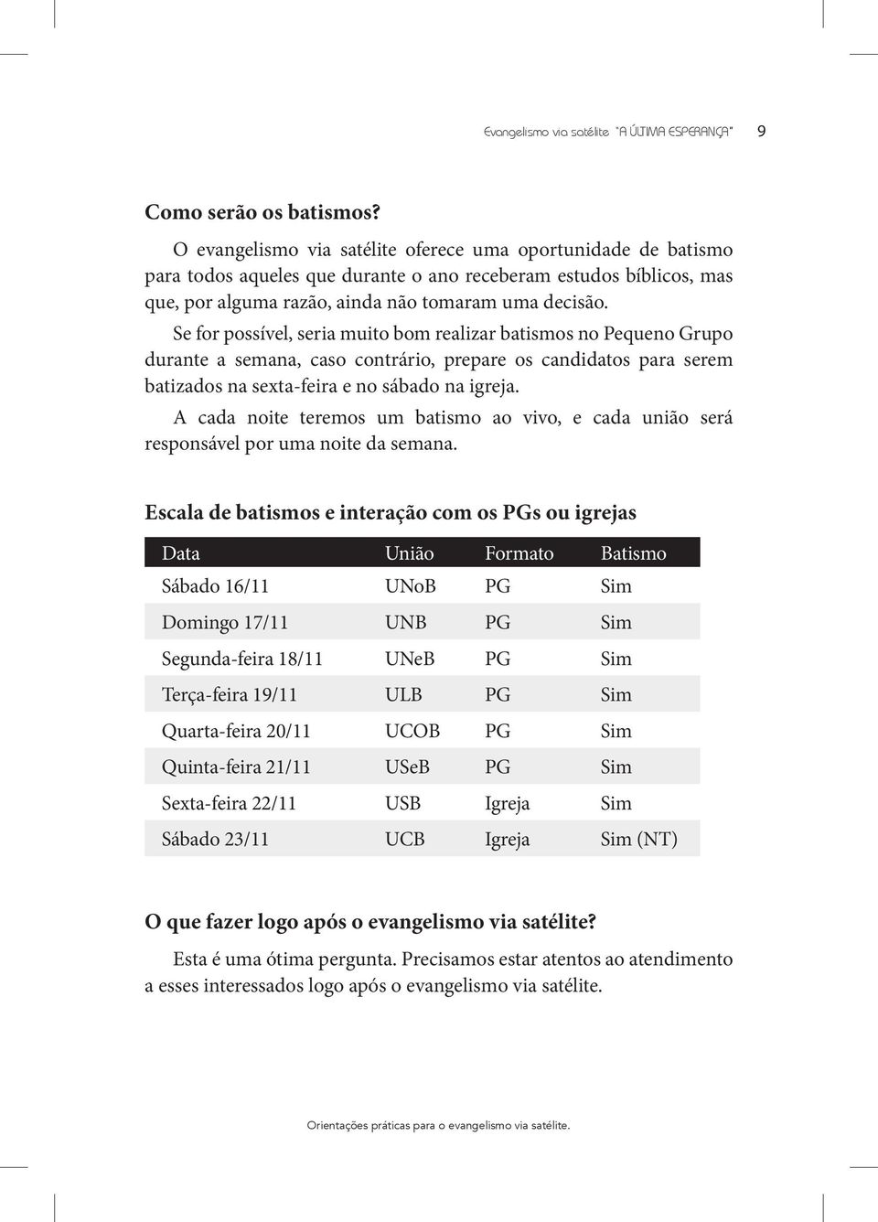 Se for possível, seria muito bom realizar batismos no Pequeno Grupo durante a semana, caso contrário, prepare os candidatos para serem batizados na sexta-feira e no sábado na igreja.