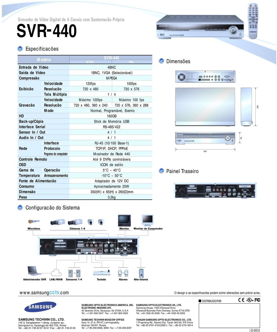 160GB Back-up/Cópia Stick de Memória USB Interface Serial RS-485/422 Sensor In / Out 4 / 1 Audio In / Out 4 / 1 Interface RJ-45 (10/100 Base-1) Rede Protocoio TCP/IP, DHCP, PPPoE Programa de